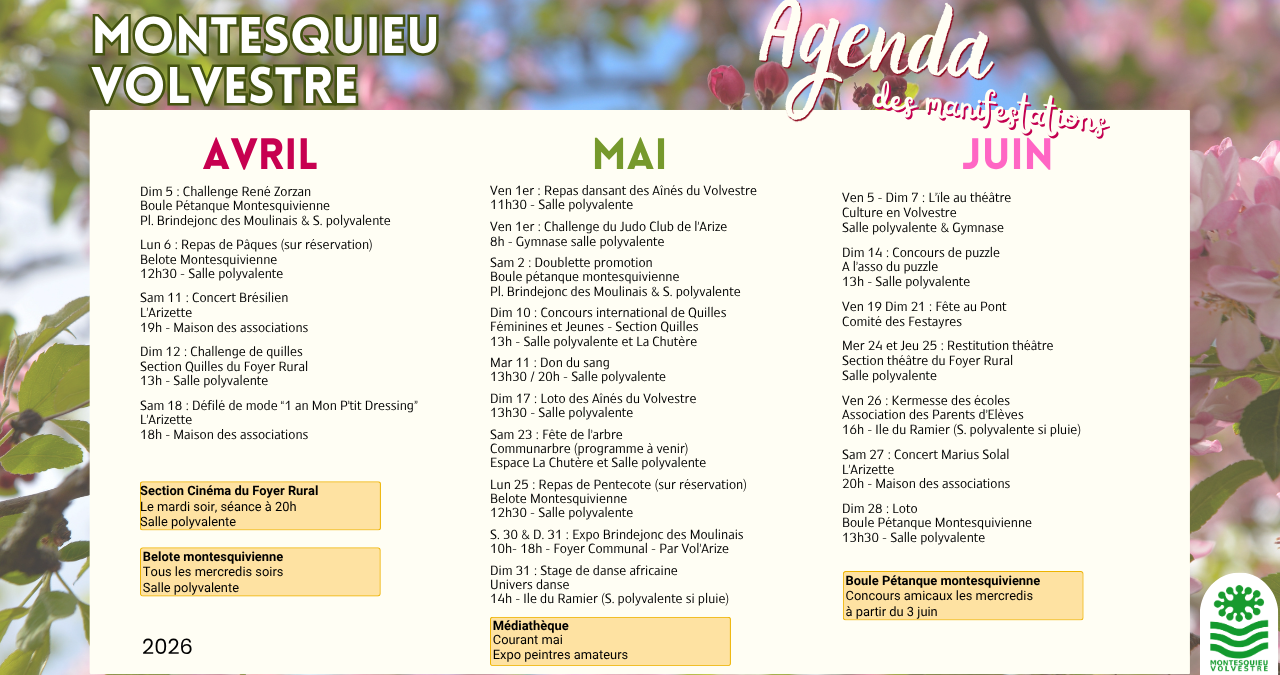 Agenda des manifestations : printemps 2026 Montesquieu-Volvestre