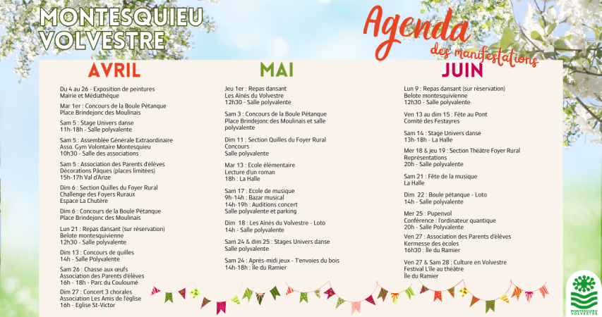 Agenda des manifestations : printemps 2025